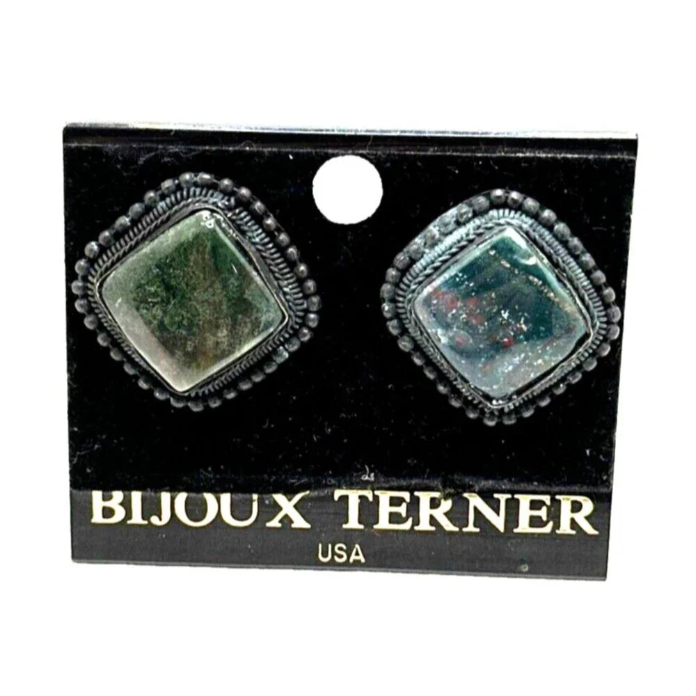 Vintage Bijoux Terner Moss Agate Earrings Dark Blue Green Stone Clip On 1 1/4